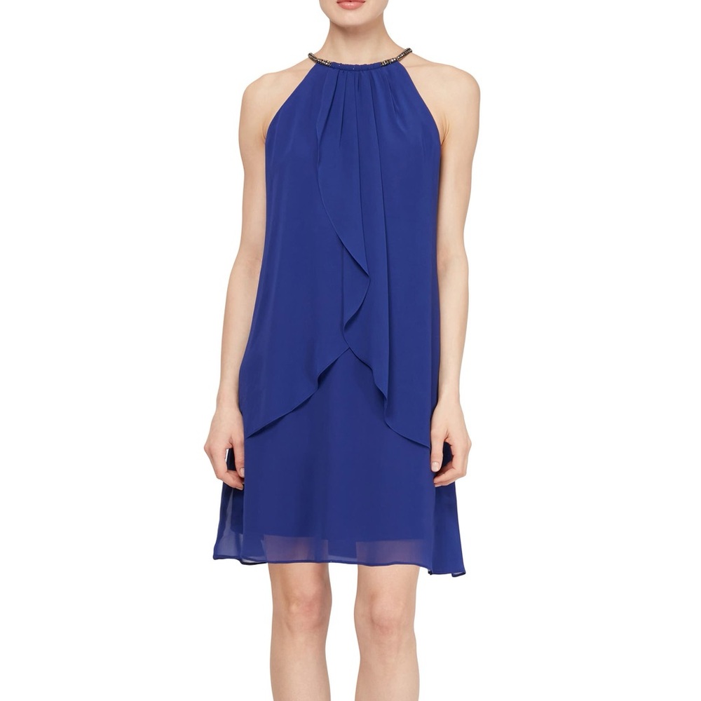 SLNY Royal Blue Chiffon Halter Dress Embellished Neckline Size 6